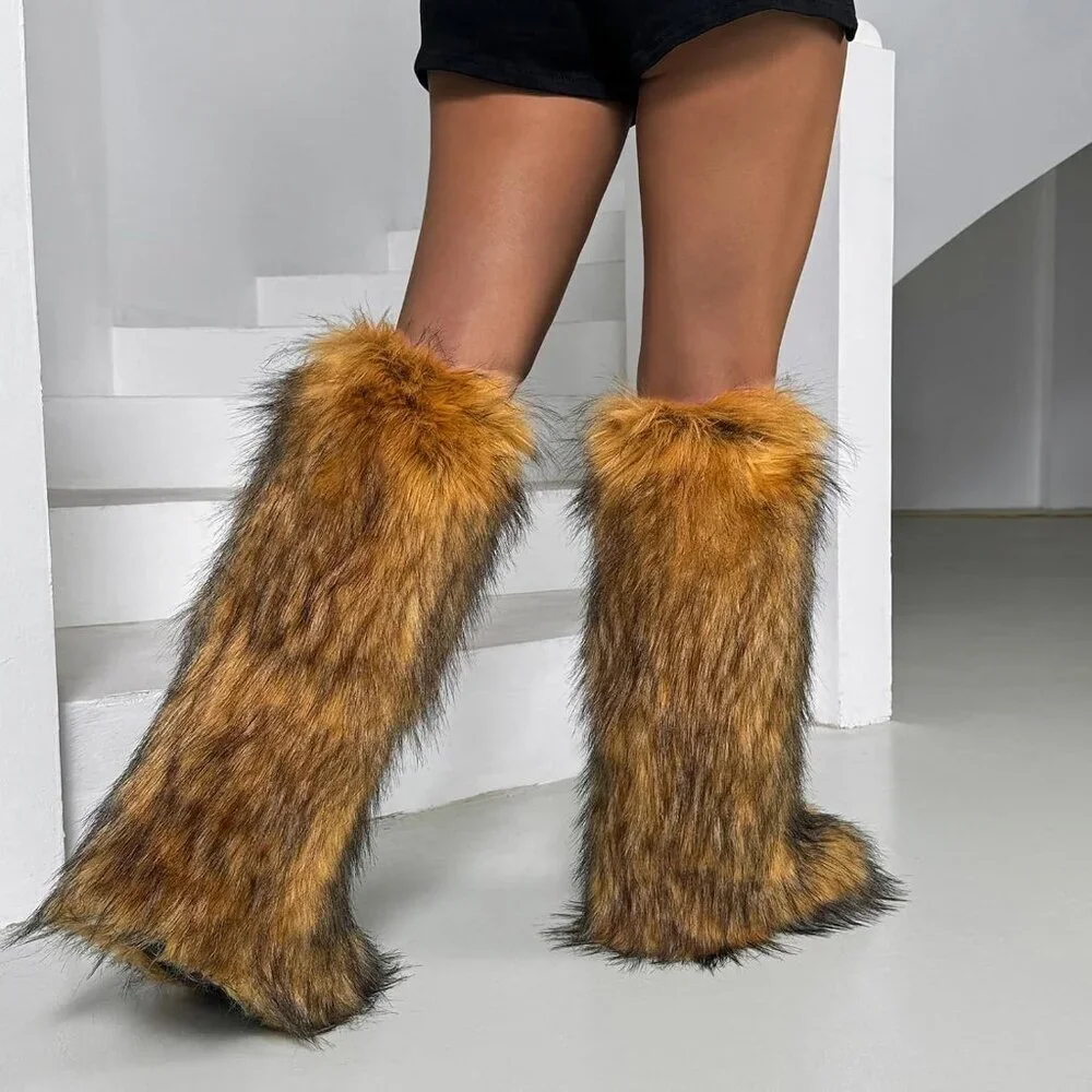 🆕Women Brown Faux Fur Fluffy Cosy Round Toe Knee High Warm Outdoor Fur Boot